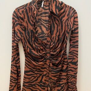 Free People Zebra Collared Mesh Button Down